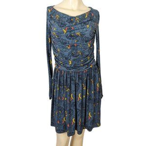 Leota Heirloom Boat neck ruched long sleeve mini grayish blue floral dress sz S